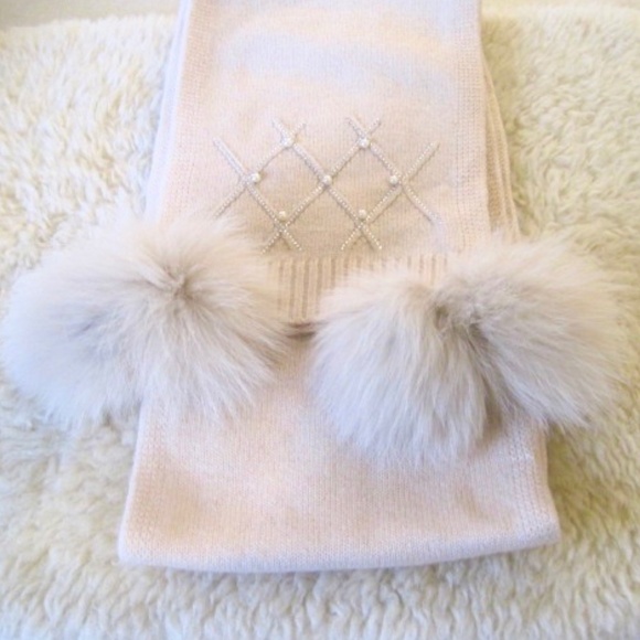 Michie's Criss Cross Scarf With Fur Pom Poms - Picture 4 of 9